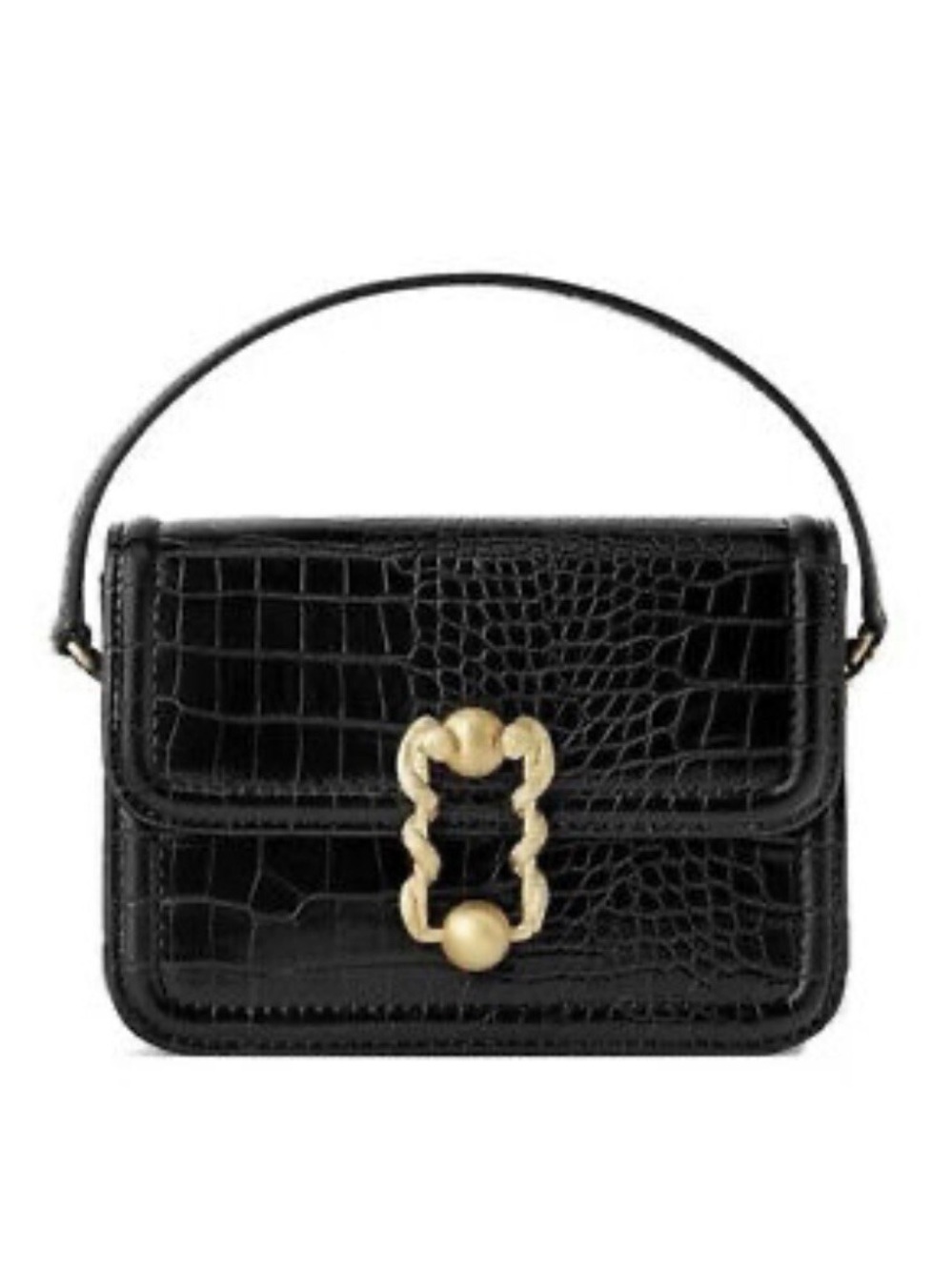 Zara Black Croc-Embossed Crossbody Bag with Gold Buckle Detail